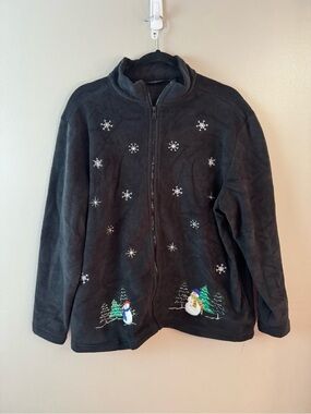 Vintage Ladies Club Fleece Jacket Snowman & Snowflake Embroidery XL Festive